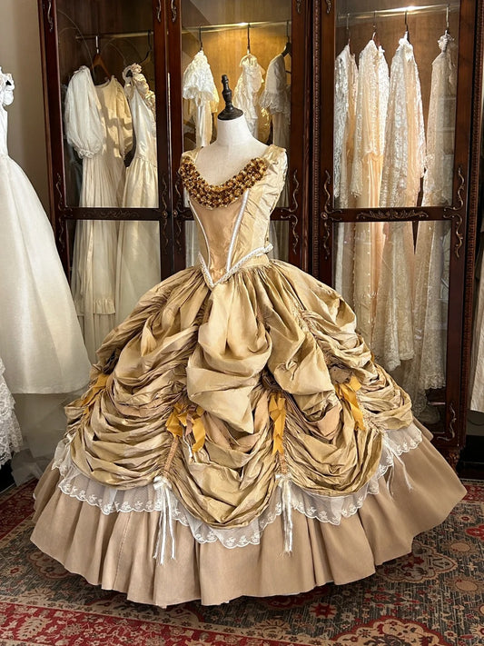 Gelbe Prinzessin plissiert Gold Rose handgefertigte Perlen edle und schöne Märchen reine Schönheit lange Satin Ballkleid Abendkleid Brautkleid nv4440