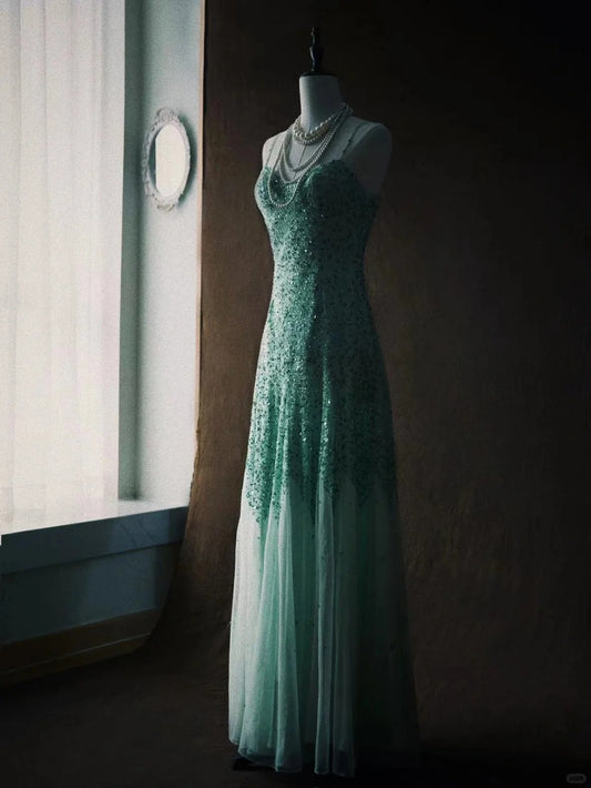 Grünes Paillettenkleid mit exquisiter Perlenverzierung, langes Chiffon-Abendkleid im Retro-Stil NV6611