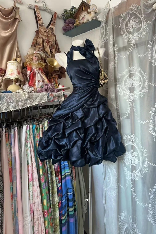 Modisches marineblaues Neckholder-Minikleid | Satin-Schleife, mehrlagiger Puffrock, perfektes Outfit für festliche Anlässe, ideal für Mädchen (NV6294)
