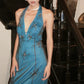 Robe de soirée longue en mousseline bleue ornée de perles exquises NV6602