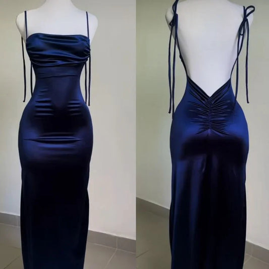 Robe de soirée longue bleue simple et sexy, avec nœud et bretelles spaghetti, dos nu, longueur au sol, robe de bal, robe de soirée, robe de bal, nv3824