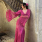 Robe de soirée longue en mousseline de soie, élégante, style rétro, col en V, dentelle exquise, volants, manches longues, longueur au sol, robe de bal, robe de soirée, robe de demoiselle d'honneur, nv3823