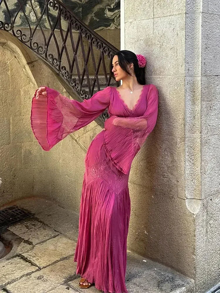 Robe de soirée longue en mousseline de soie, élégante, style rétro, col en V, dentelle exquise, volants, manches longues, longueur au sol, robe de bal, robe de soirée, robe de demoiselle d'honneur, nv3823