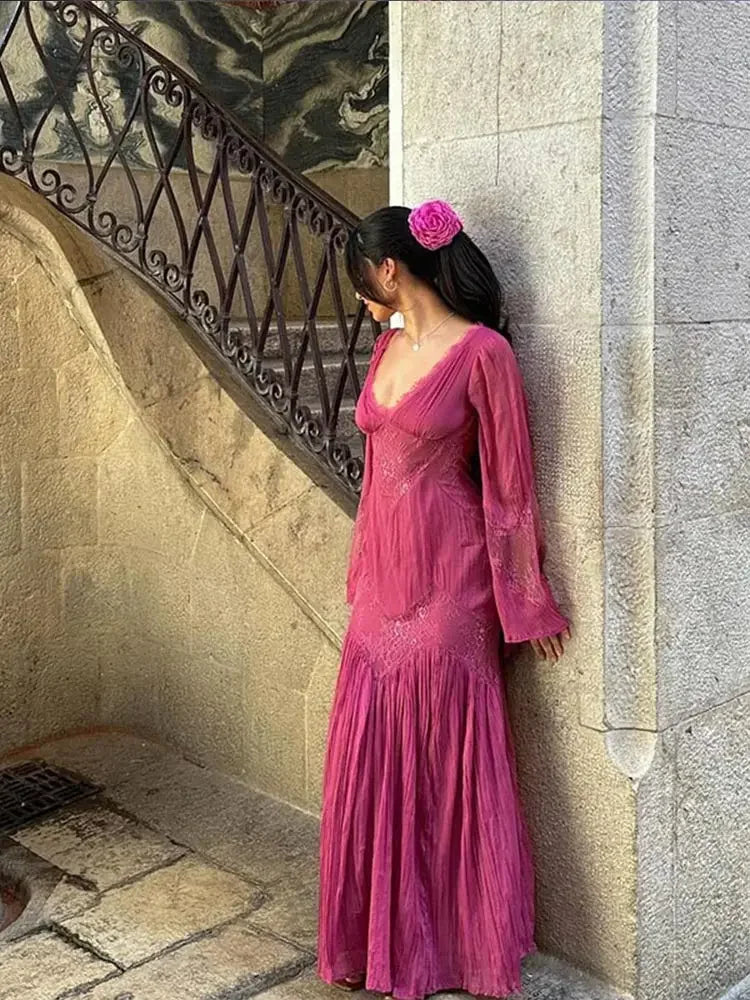 Robe de soirée longue en mousseline de soie, élégante, style rétro, col en V, dentelle exquise, volants, manches longues, longueur au sol, robe de bal, robe de soirée, robe de demoiselle d'honneur, nv3823