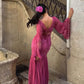 Robe de soirée longue en mousseline de soie, élégante, style rétro, col en V, dentelle exquise, volants, manches longues, longueur au sol, robe de bal, robe de soirée, robe de demoiselle d'honneur, nv3823