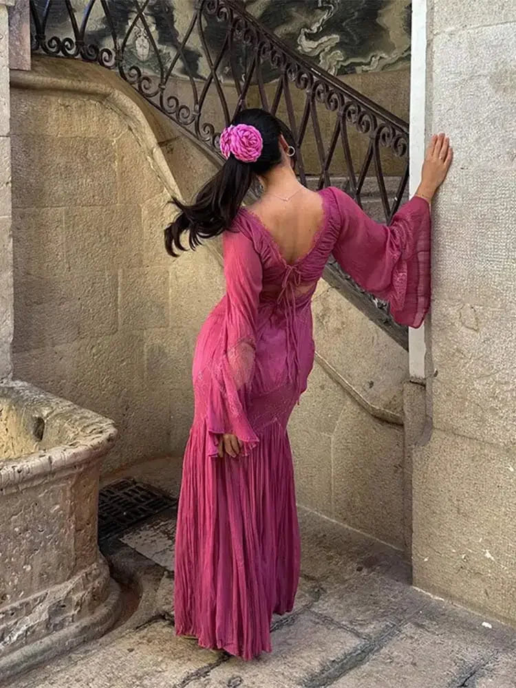 Robe de soirée longue en mousseline de soie, élégante, style rétro, col en V, dentelle exquise, volants, manches longues, longueur au sol, robe de bal, robe de soirée, robe de demoiselle d'honneur, nv3823