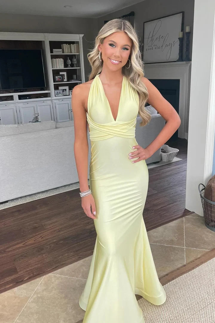 Gelb Mode Elegant V-ausschnitt Backless Lace-up Lange Meerjungfrau Satin Formale Frauen Ballkleid Abendkleid Party Kleid Prom Kleid nv3930