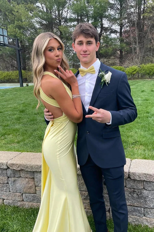 Robe de soirée élégante en satin jaune à col en V et dos nu, à lacets, style sirène, longue, formelle, pour femme, robe de bal, robe de soirée, robe de bal, nv3930