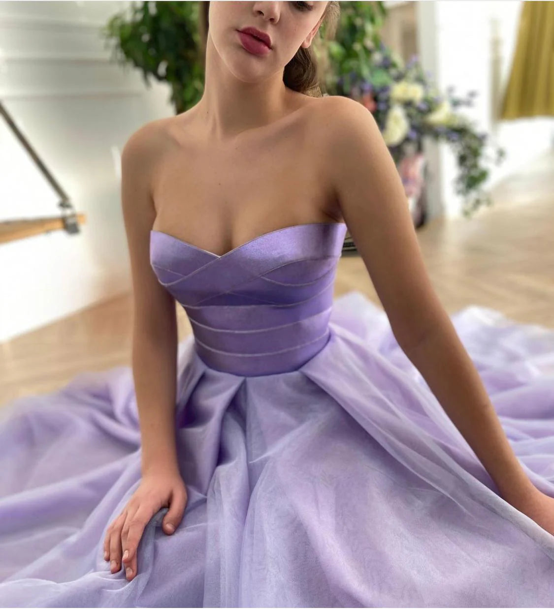 Satin Lavendel Sweetheart Abend Ballkleid A Linie Tüll Partykleider Knöchellang Abschlussrobe nv1635