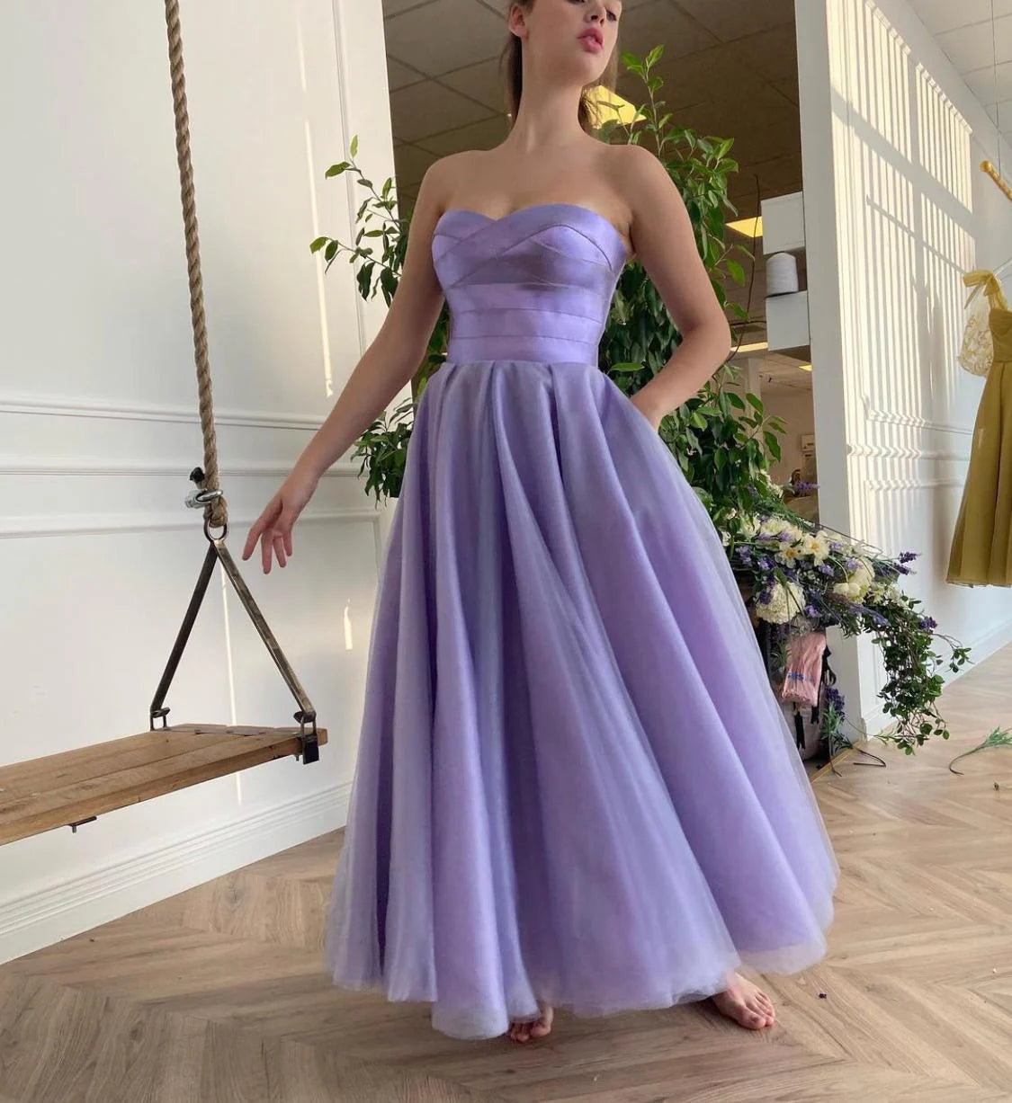 Satin Lavendel Sweetheart Abend Ballkleid A Linie Tüll Partykleider Knöchellang Abschlussrobe nv1635