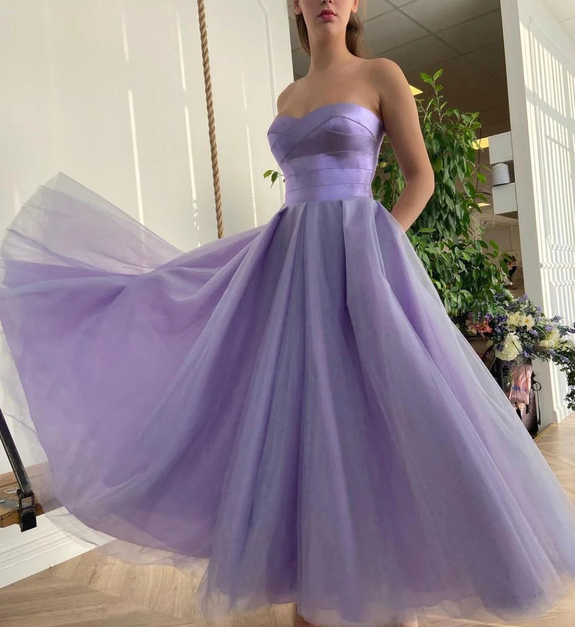 Satin Lavendel Sweetheart Abend Ballkleid A Linie Tüll Partykleider Knöchellang Abschlussrobe nv1635