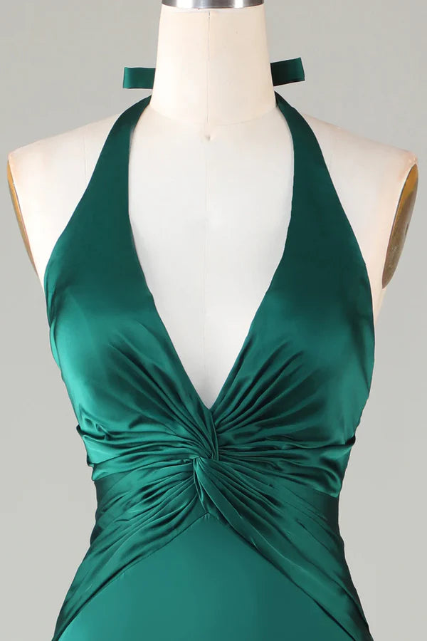 Grünes sexy rückenfreies tiefes V-Ausschnitt Meerjungfrau Satin lange Brautjungfernkleider Ballkleider Abendkleider nv1986