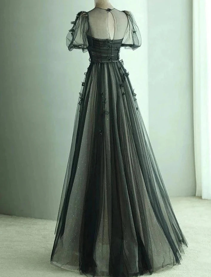 Schwarzes A-Linien-Ballkleid aus Tüll mit bauschigen kurzen Ärmeln, schwarzes Abendkleid, Partykleid nv1698