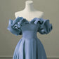 Einzigartiges blaues schlichtes A-Linien-Satin-Off-Shoulder-Abendkleid mit langen Ärmeln Partykleid Ballkleid nv2051