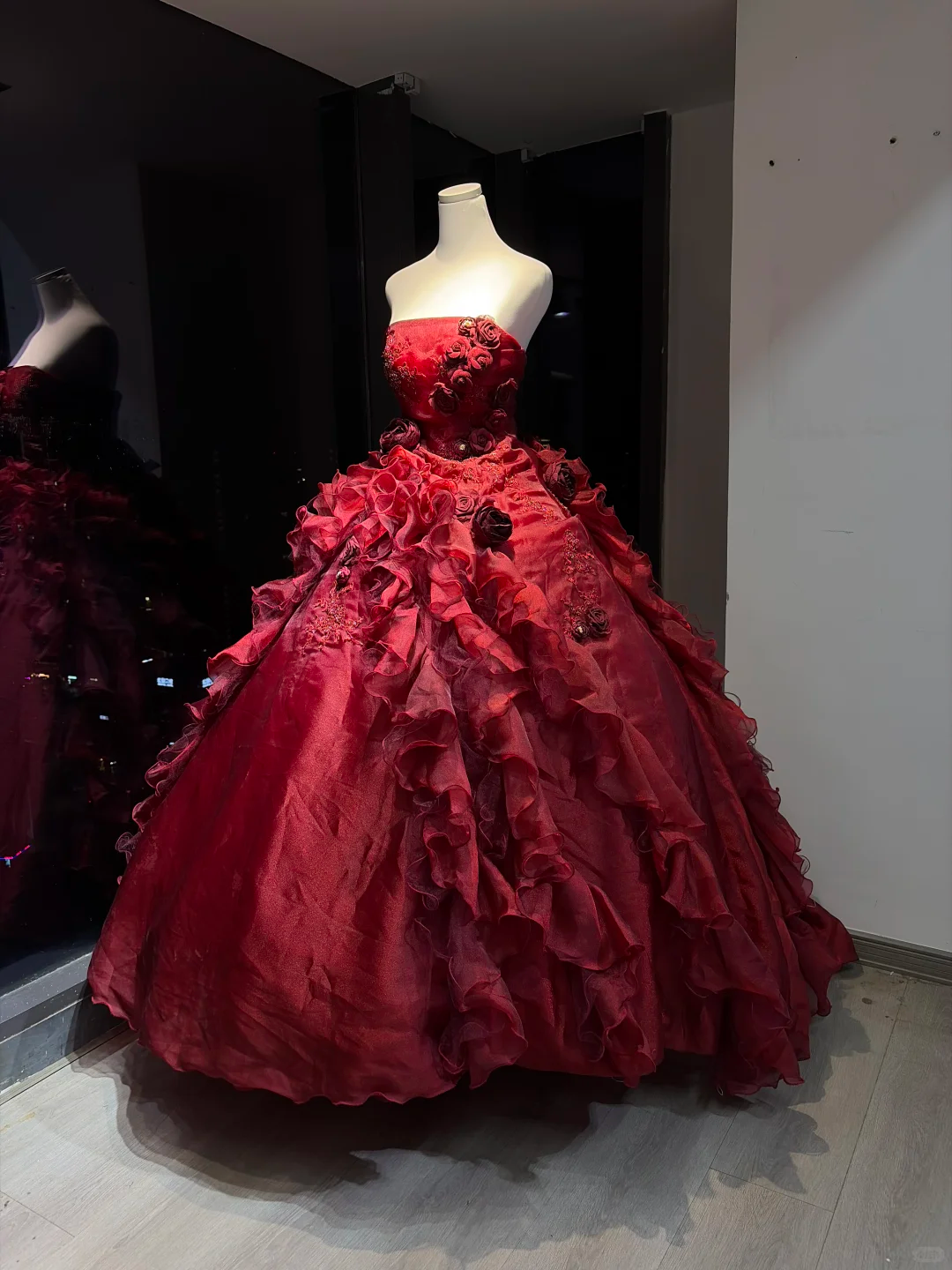Burgundy Strapless Ball Gown 3D Rose Beaded Ruffle Tulle Formal Evening Dress  NV6972