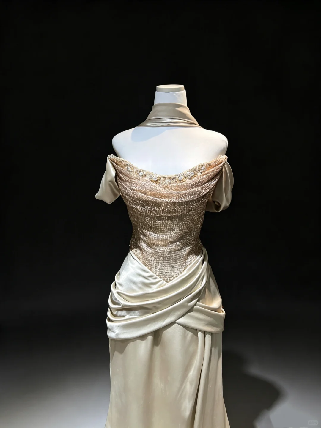 Champagne Off Shoulder Mermaid Formal Gown Beaded Sequin Cross Ruched Satin Vintage Evening Dress  NV6967