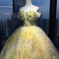 Pale Yellow Off Shoulder Floral Ball Gown, 3D Petal Appliques Tulle Long Formal Evening Prom Dress for Women  NV7036
