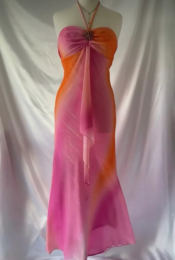 Robe de soirée longue en mousseline de soie, élégante, rose, dégradé, sans bretelles, nv4610