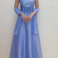 Blaue exquisite Perlen glänzende Spaghettiträger elegante Mode lange Tüll Ballkleid Abendkleid Partykleid Ballkleid nv3796