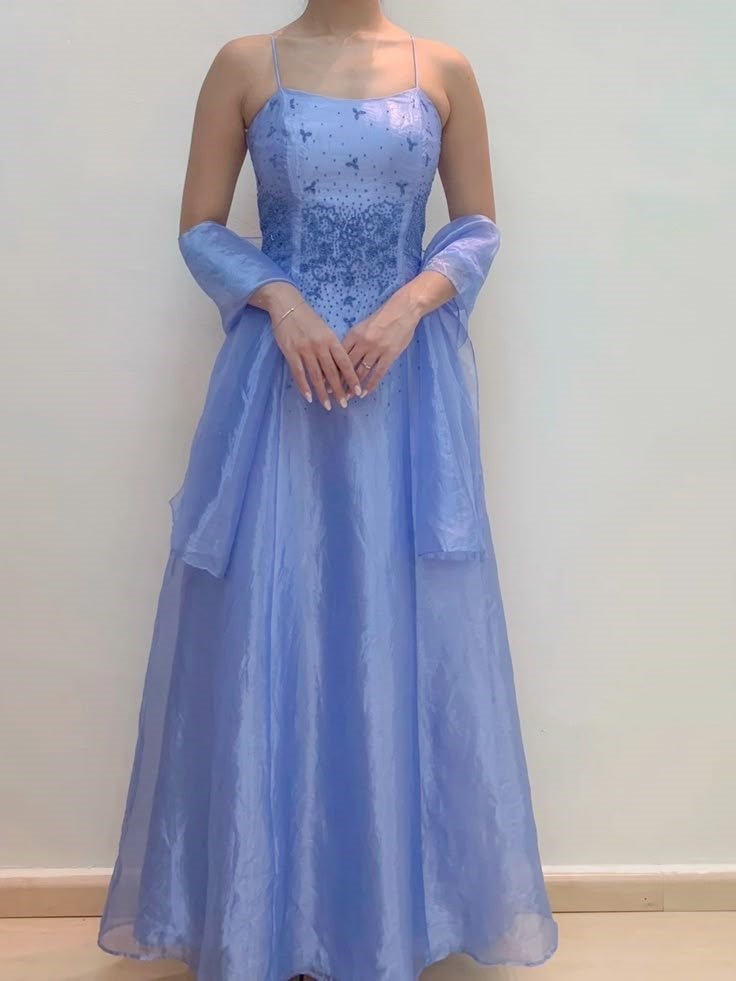 Blaue exquisite Perlen glänzende Spaghettiträger elegante Mode lange Tüll Ballkleid Abendkleid Partykleid Ballkleid nv3796