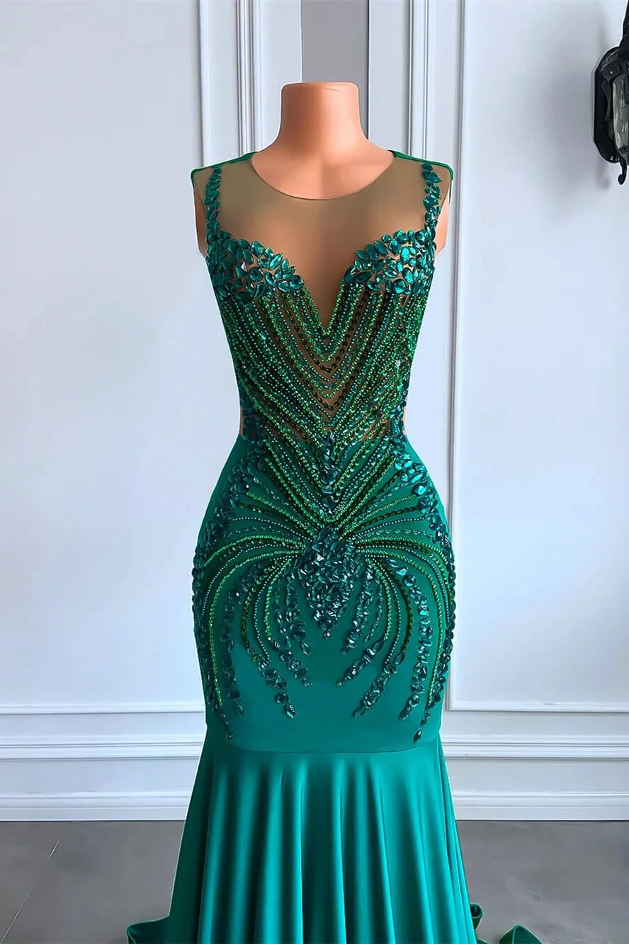 Emerald Green Sleeveless Mermaid Long Slim Fit Ball Gown Evening Dress Beaded Crystal nv2835