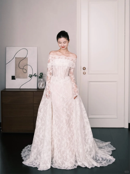 Vintage Lace Wedding Dress Off The Shoulder Long Sleeve Detachable Overskirt Bridal Gown  NV7248
