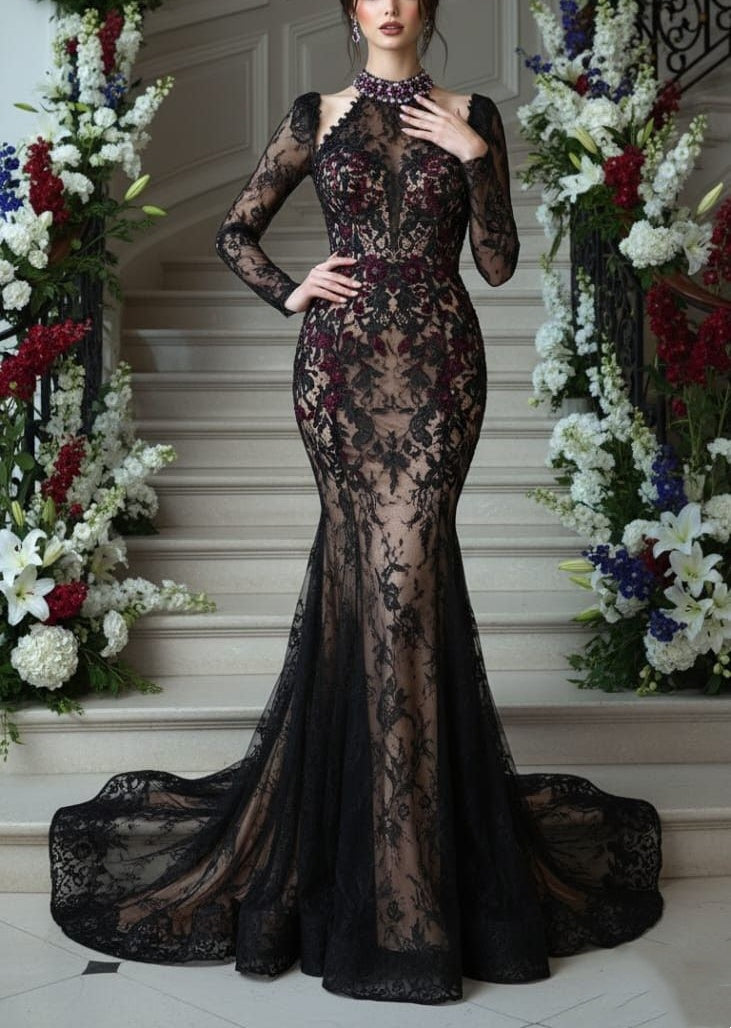 Robe longue sirène en dentelle à manches longues - Robe sexy et élégante NV6331