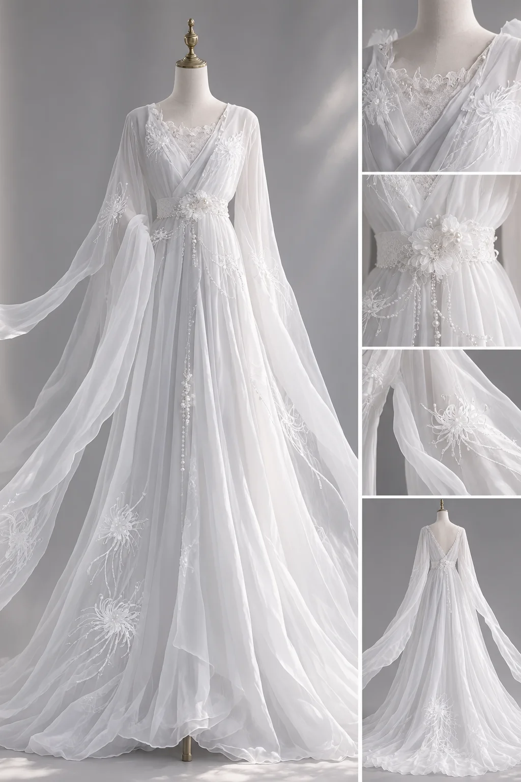 White Ancient Style Chiffon Bridal Gown, V Neck Wide Sleeve 3D Floral Embroidery Pearl Waist Sash  NV7447