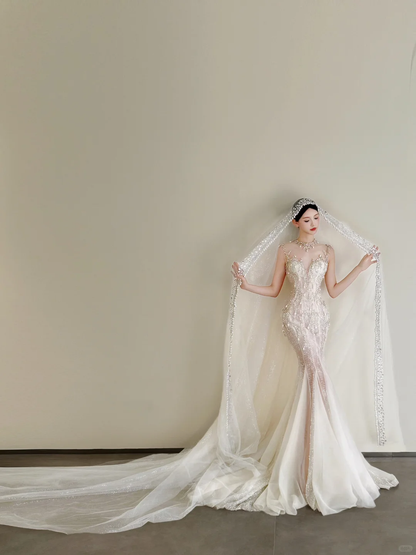 White Mermaid Beaded Sequin Wedding Dress Illusion V Neck High Slit Bridal Gown  NV7181