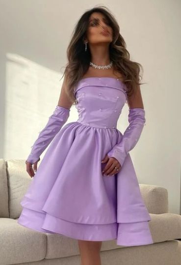 Lila trägerloses Satin A-Linie Kurzes Ballkleid Homecomingkleid Geburtstagskleid Abendkleid nv2108