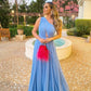 Blue simple elegant one shoulder off the shoulder long tulle ball gown evening dress party dress nv2480