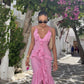 Pink Stylish Spaghetti Straps Elegant Long Ruffled Chiffon Prom Evening Gown Wedding Guest Party Dress nv3324