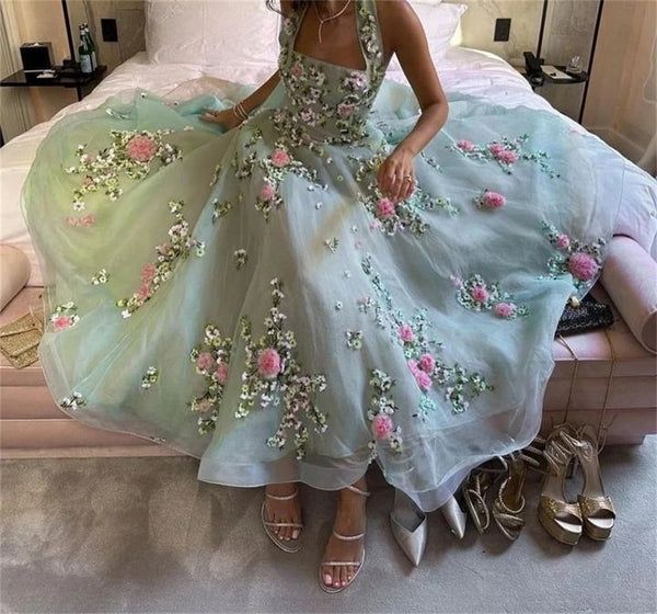 Green backless floral long chiffon ball gown evening dress nv2894