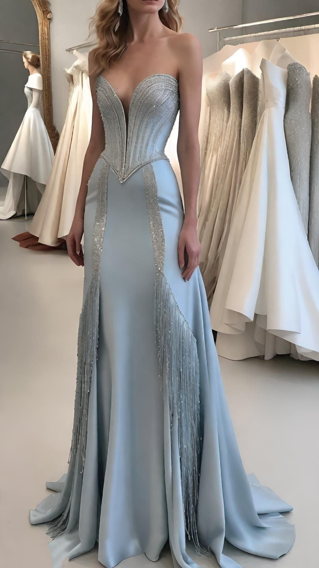 Robe de soirée longue bleu clair, magnifique, perlée, brillante, sexy, élégante, sirène, moulante, robe de bal, robe de soirée, robe de mariée, nv5118