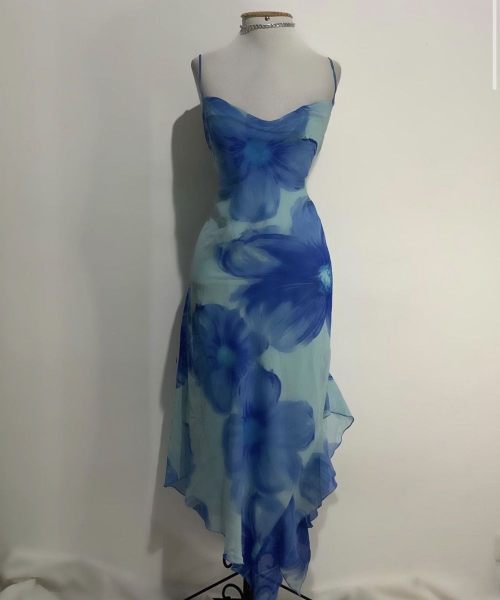 NiceVestidos – Blau/Grün geblümtes, kurzes Chiffon-Heimkehrkleid NV5684