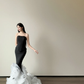Black White Corset Mermaid Prom Dress 3D Ruffled Organza Train  NV7136