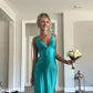 Blue V-neck simple elegant long satin ball gown evening dress wedding guest dress bridesmaid dress nv3106