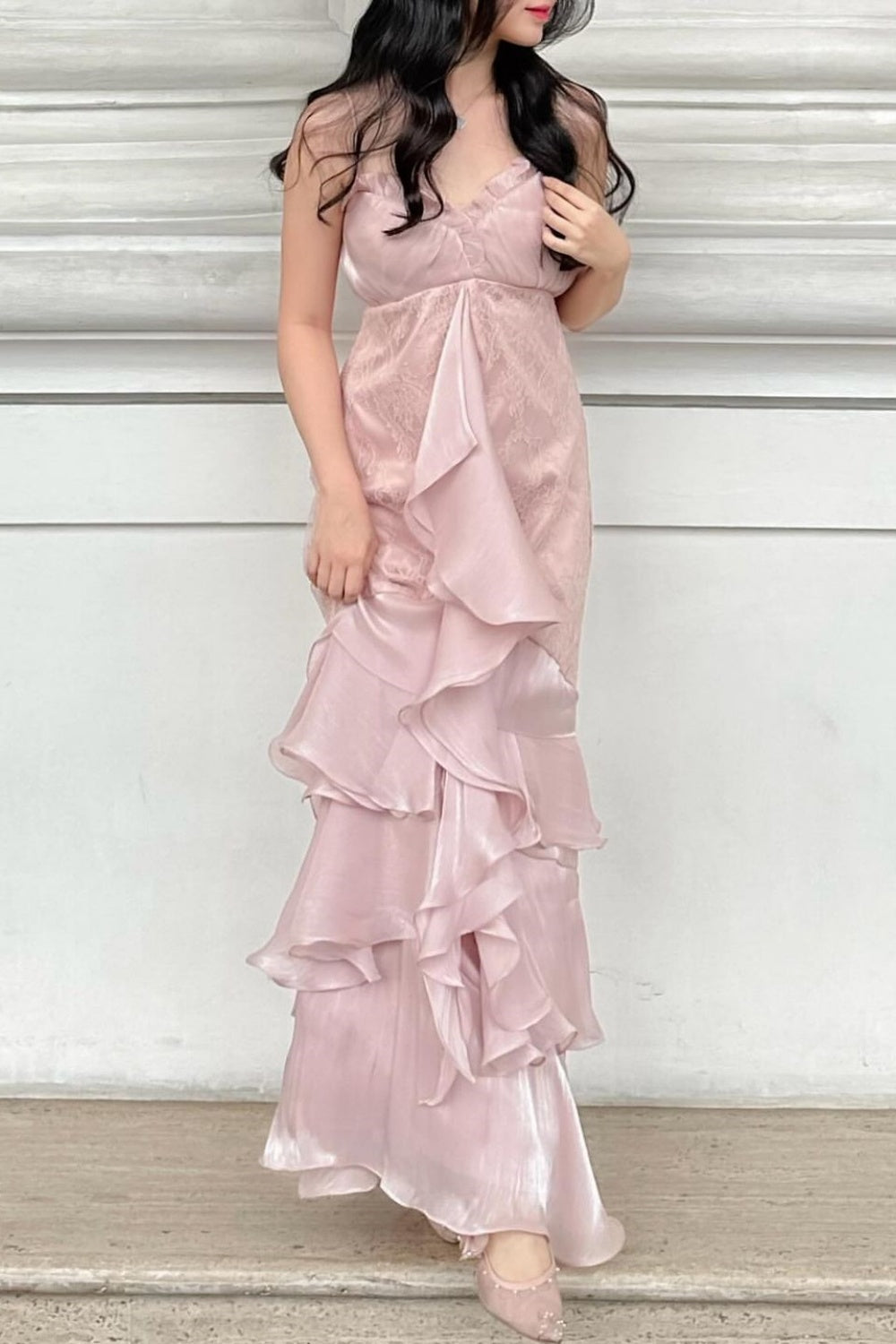 NiceVestidos - Robe de bal longue en mousseline de soie et dentelle rose NV5831