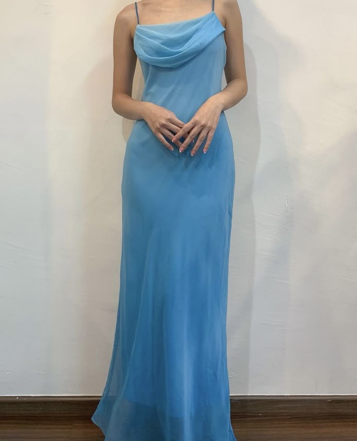 Robe de soirée longue en mousseline de soie, élégante et bleue, à bretelles spaghetti, nv3712