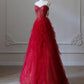 NiceVestidos – Rotes Tüllkleid mit Spaghettiträgern und Perlen, romantisches Bankettkleid mit mehrlagiger Schleppe, NV5758