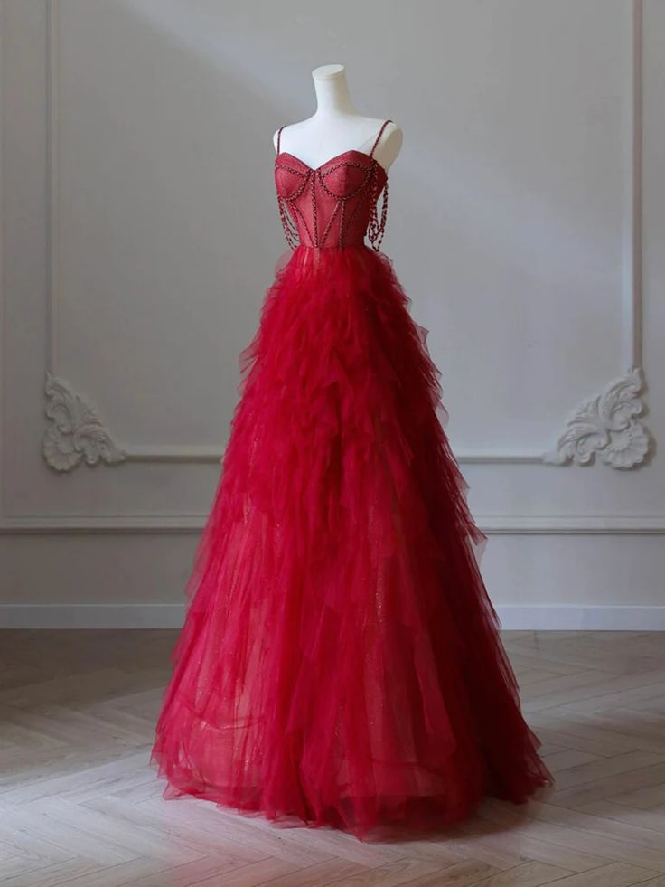 NiceVestidos – Rotes Tüllkleid mit Spaghettiträgern und Perlen, romantisches Bankettkleid mit mehrlagiger Schleppe, NV5758