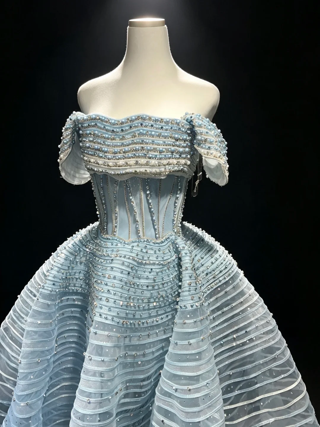 Off Shoulder Ice Blue Tulle Prom Dress Corset Bodice Striped Rhinestone Structured Princess Ball Gown  NV6993