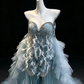 Dusty Blue Strapless Formal Gown Beaded Rhinestone Feather Detachable Tulle Train Evening Dress  NV6970