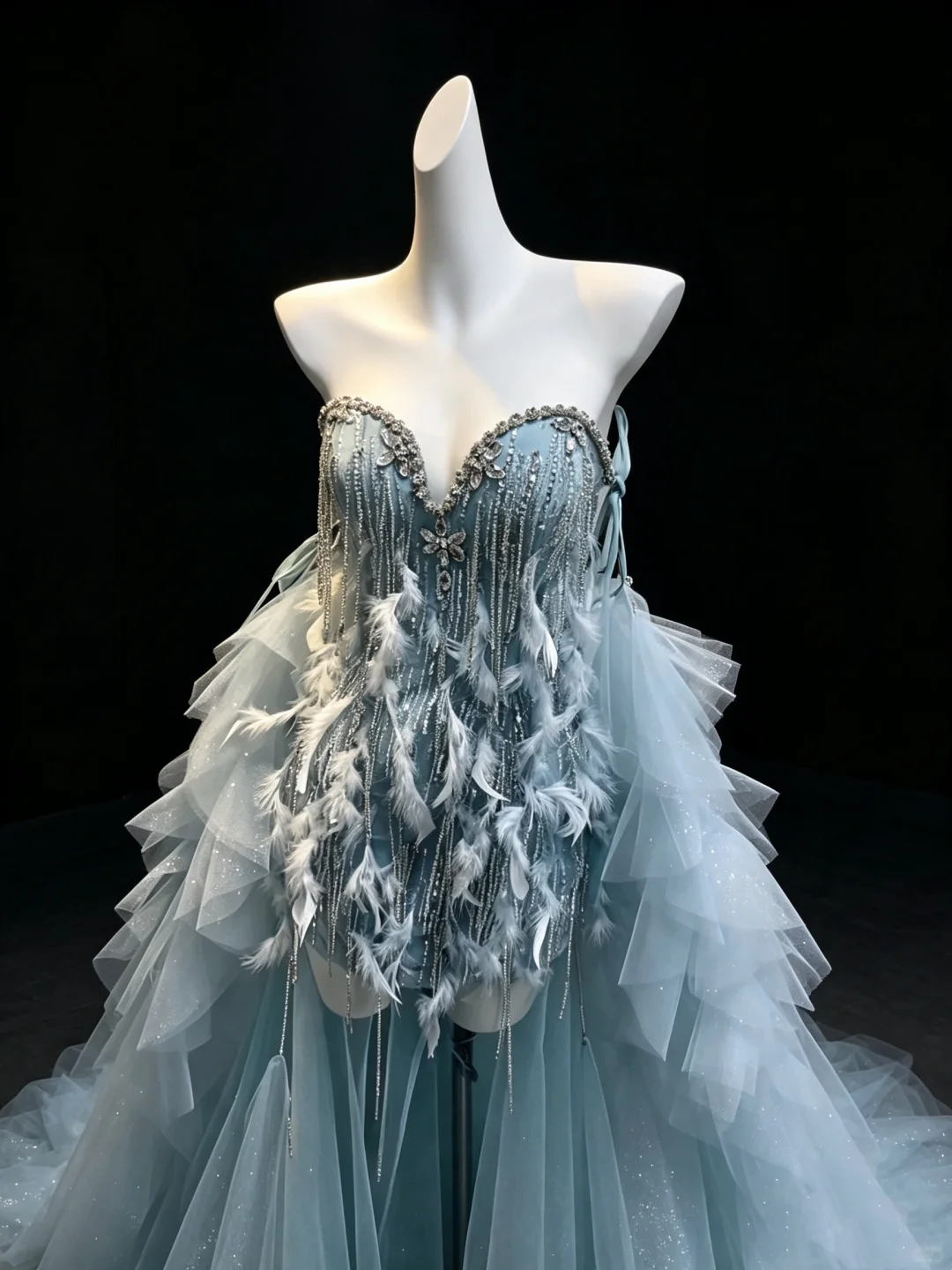 Dusty Blue Strapless Formal Gown Beaded Rhinestone Feather Detachable Tulle Train Evening Dress  NV6970