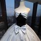 Strapless Black Ice Blue Contrast Ball Gown Velvet Bodice Satin Bow Shiny Tulle Prom Dress  NV7035