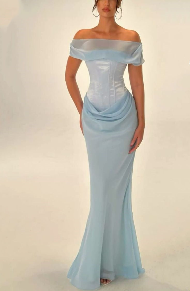 Robe de soirée sirène bleu clair à épaules dénudées, coupe ajustée, longueur au sol, longue, en satin, robe de bal, robe de soirée nv4107