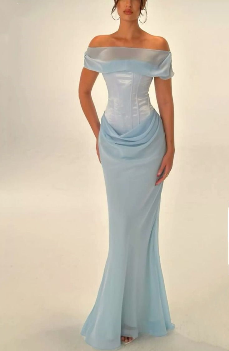 Robe de soirée longue et élégante en satin et tulle bleu vintage style sirène, coupe slim, longueur au sol, style déesse de la mode, nv3903