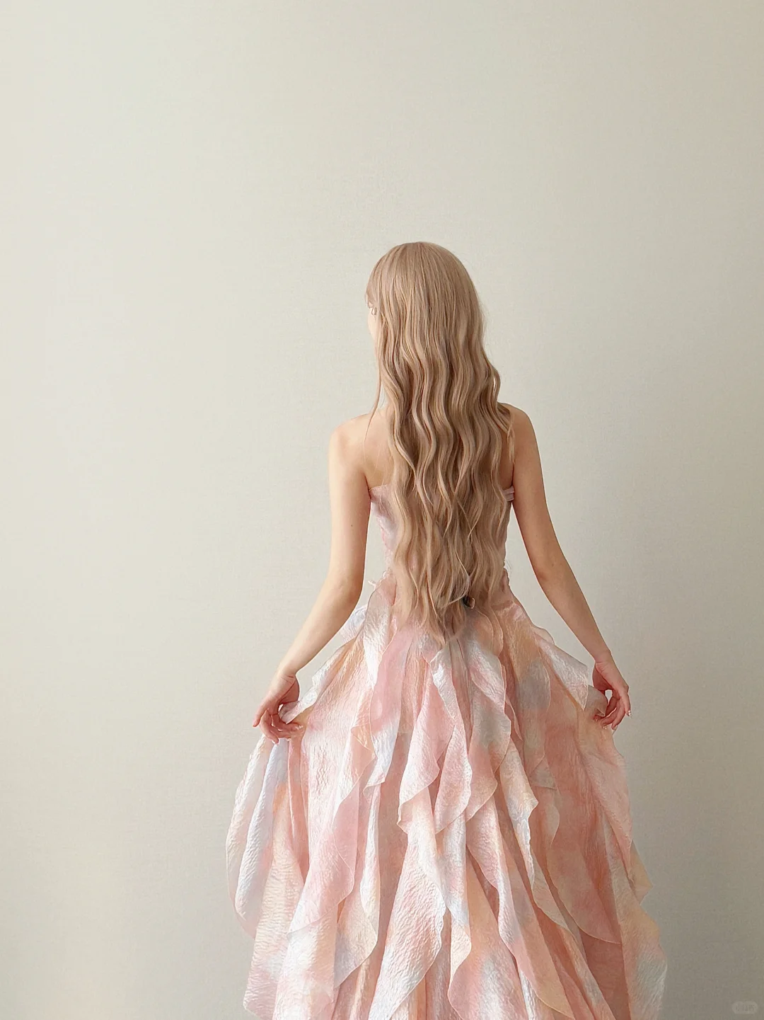 Strapless Watercolor Pink Prom Gown Beaded Waist Tiered Ruffle Shimmer Organza Evening Dress  NV7151