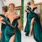 Grünes, luxuriöses, wunderschönes, modisches Perlendekor, tiefem V-Ausschnitt, langem Schlitz, bodenlanges Abendkleid, Ballkleid, NV280
