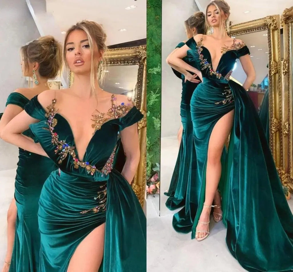 Grünes, luxuriöses, wunderschönes, modisches Perlendekor, tiefem V-Ausschnitt, langem Schlitz, bodenlanges Abendkleid, Ballkleid, NV280